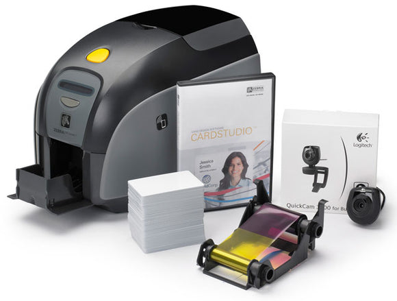 Zebra QuikCard ID Solution with ZXP Series 3 dual-sided card printer USB with CardStudio software, webcam, and Media starter kit (200 cards, 1 YMCKOK color ribbon)
